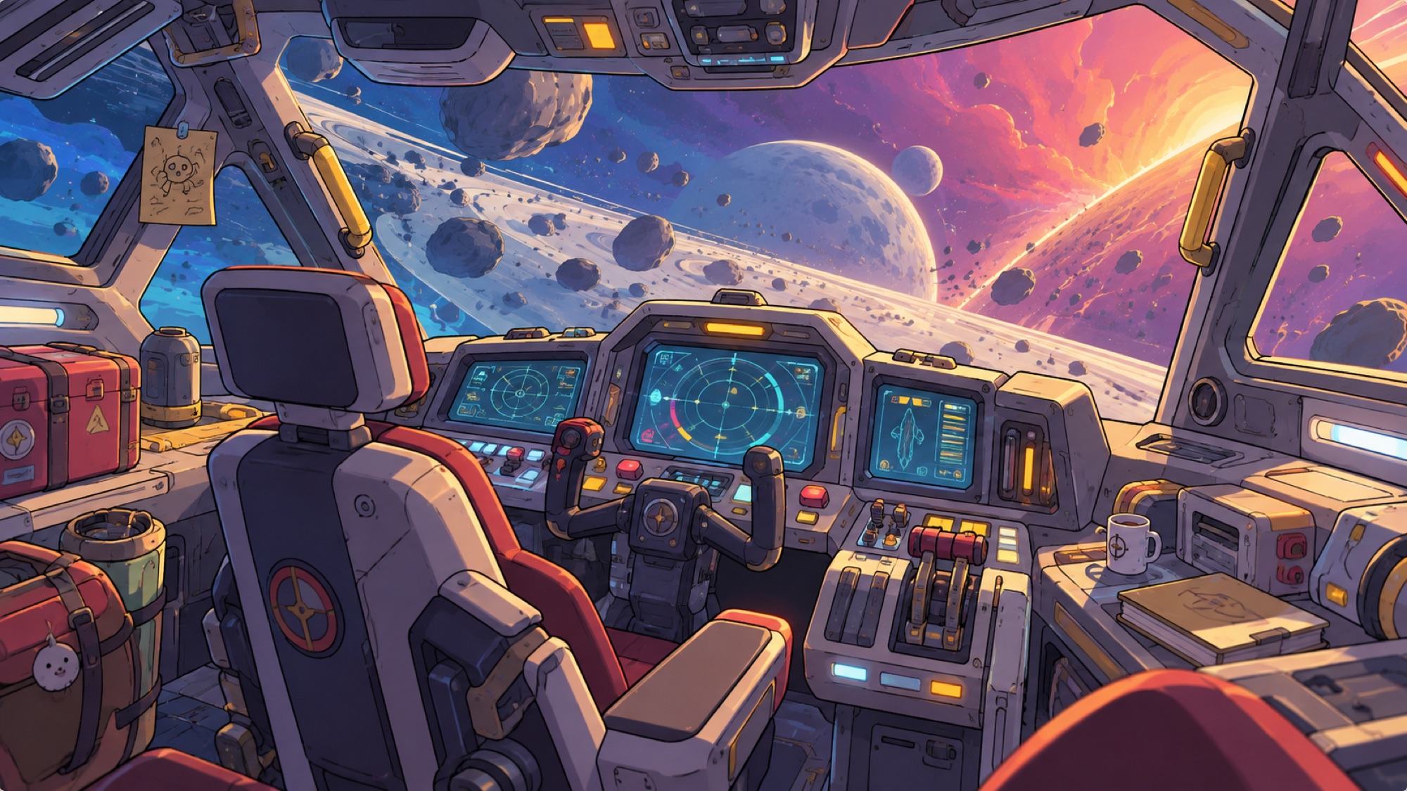 A spacecraft cockpit looking out over a brilliant ringed planet