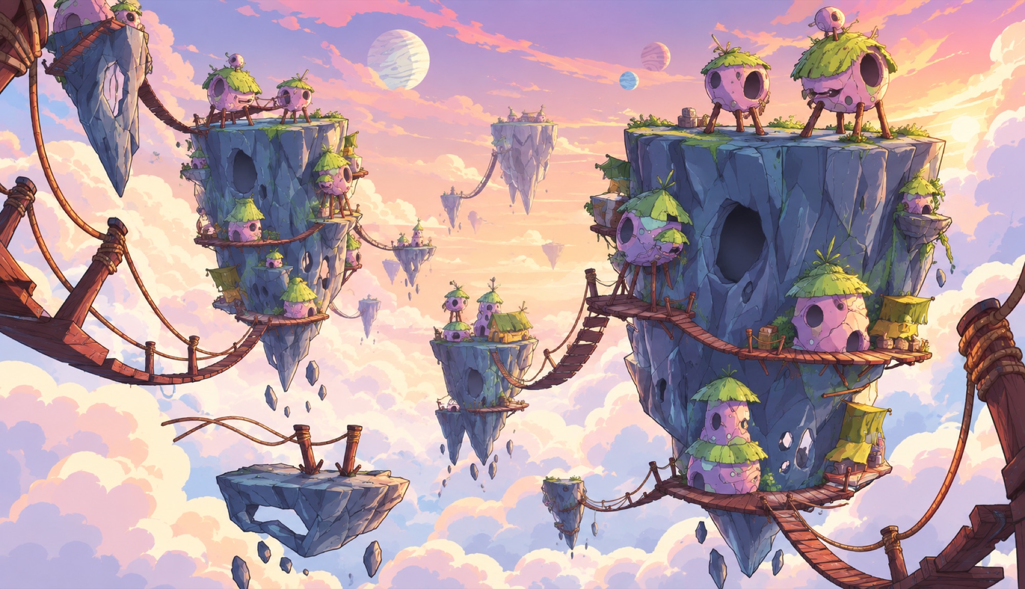 Floating islands connected by rope bridges at sunset